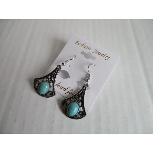 **Southwestern Silver & Blue Stone Wire Pierced Earrings Drop Dangle Jewelry - Picture 4 of 5
